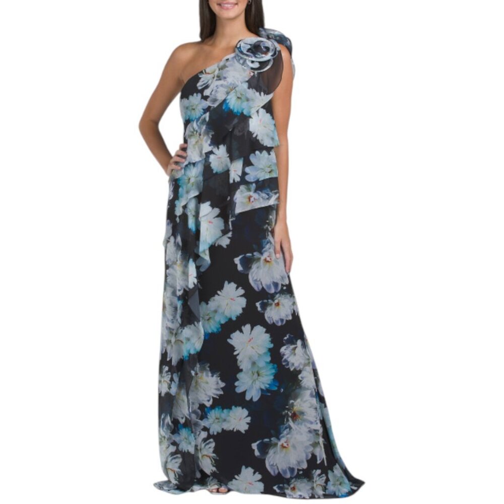 TERI JON Chiffon Ruffle Floral One Shoulder Gown